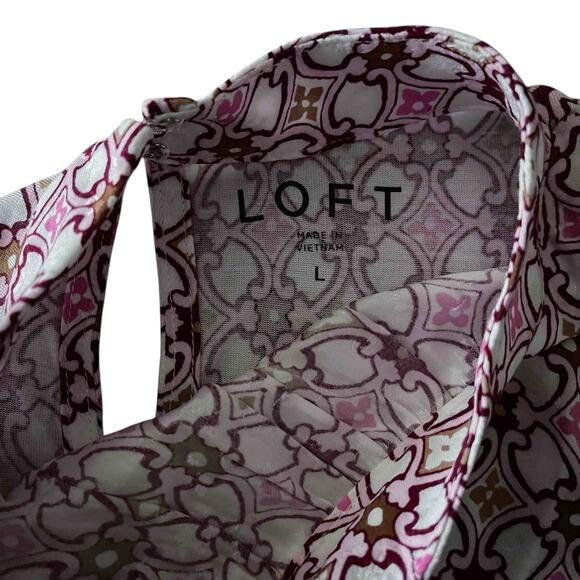 Loft Women's Jacquard Mock Neck Shell Blouse Pink Floral Geometric Print Size L - Picture 4 of 9